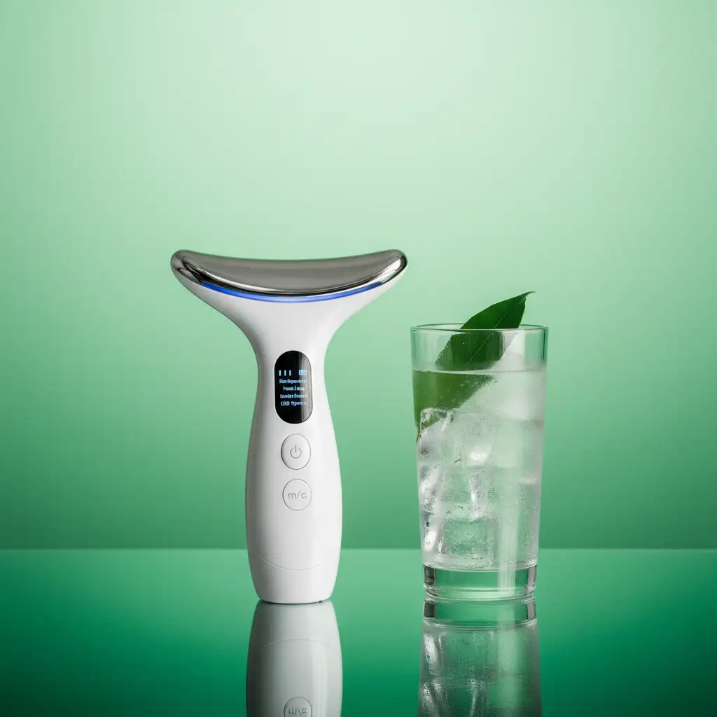 The Face Introducer beside a sparkling glass of iced water with a green leaf