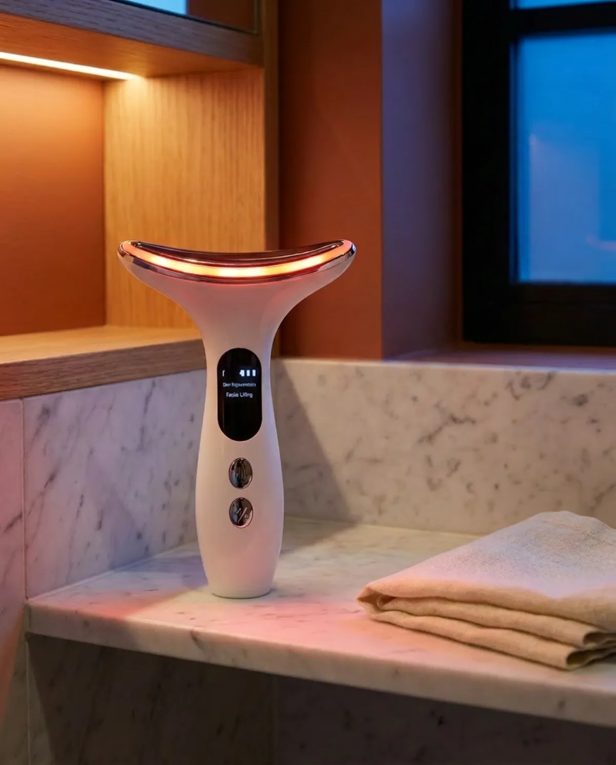 The Face Introducer standing on a marble shelf at dusk, its mode indicator light glowing at the head, conductive gel beside it.