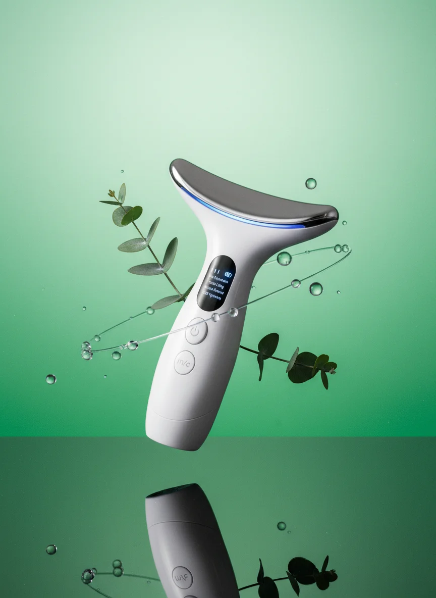 The Face Introducer floating between eucalyptus sprigs and suspended water droplets