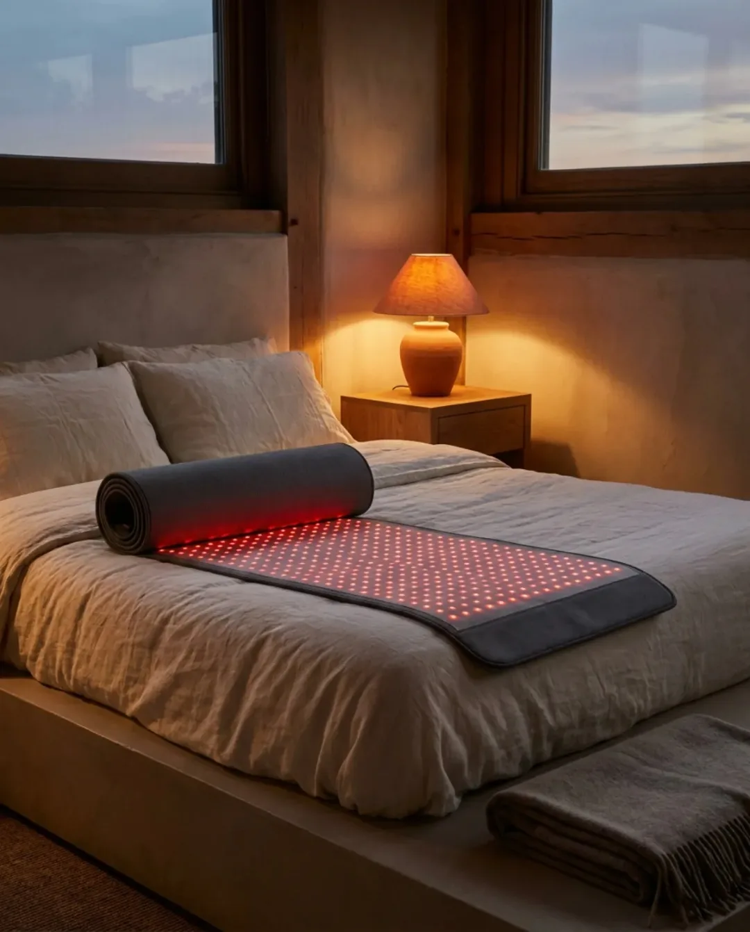 The Restoration Mat unrolled on a bed at dusk, red light array glowing