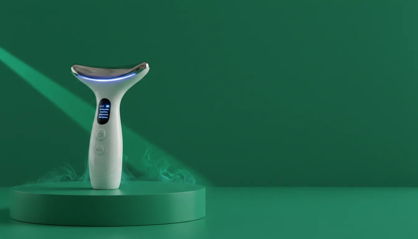 The Face Introducer standing on an emerald pedestal in a monochrome green studio