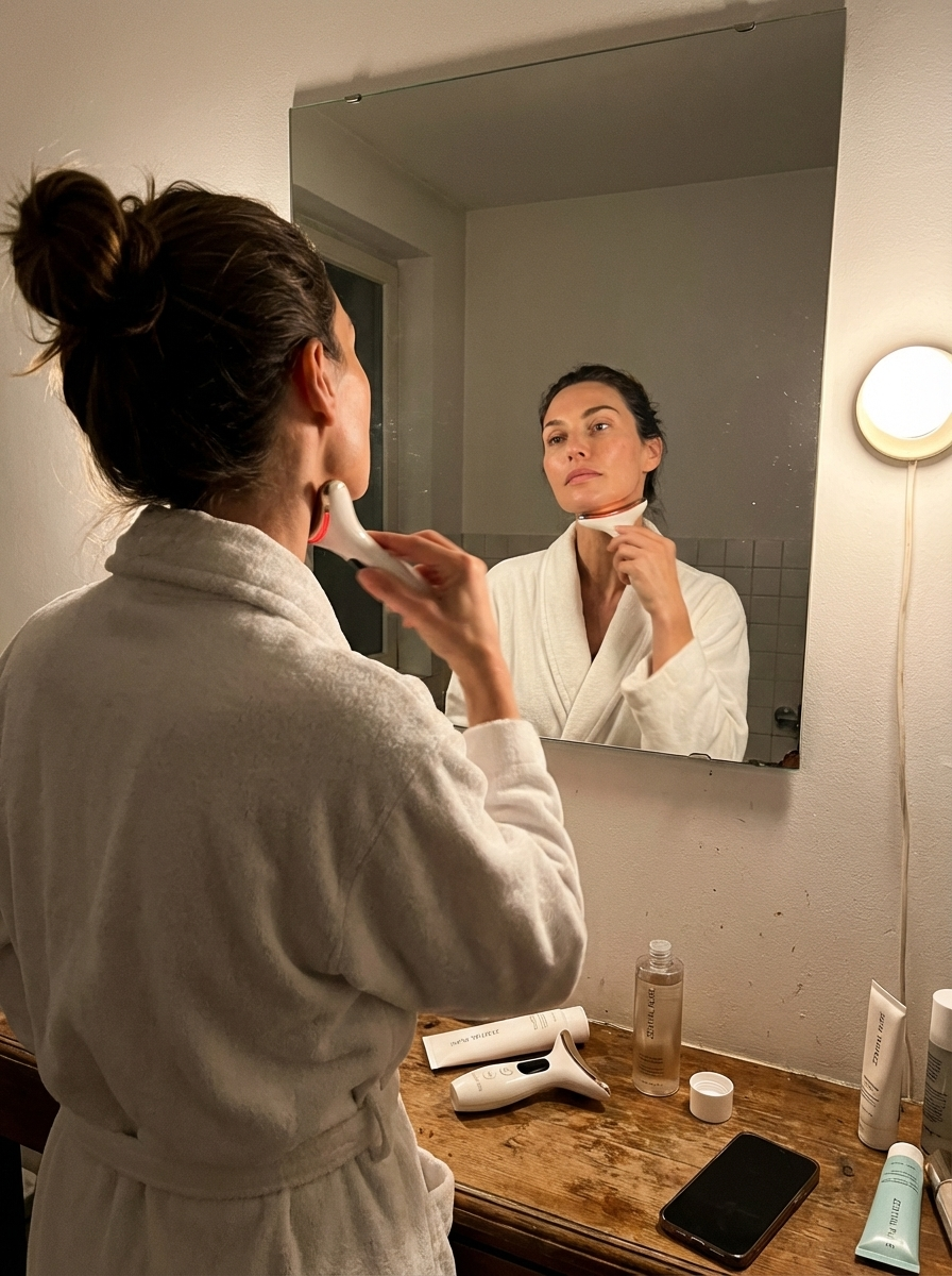 Running the Face Introducer along the neck at the bathroom mirror, evening ritual