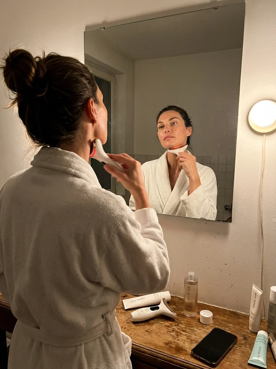 At the bathroom mirror in a robe, gel and instrument laid out on the vanity.
