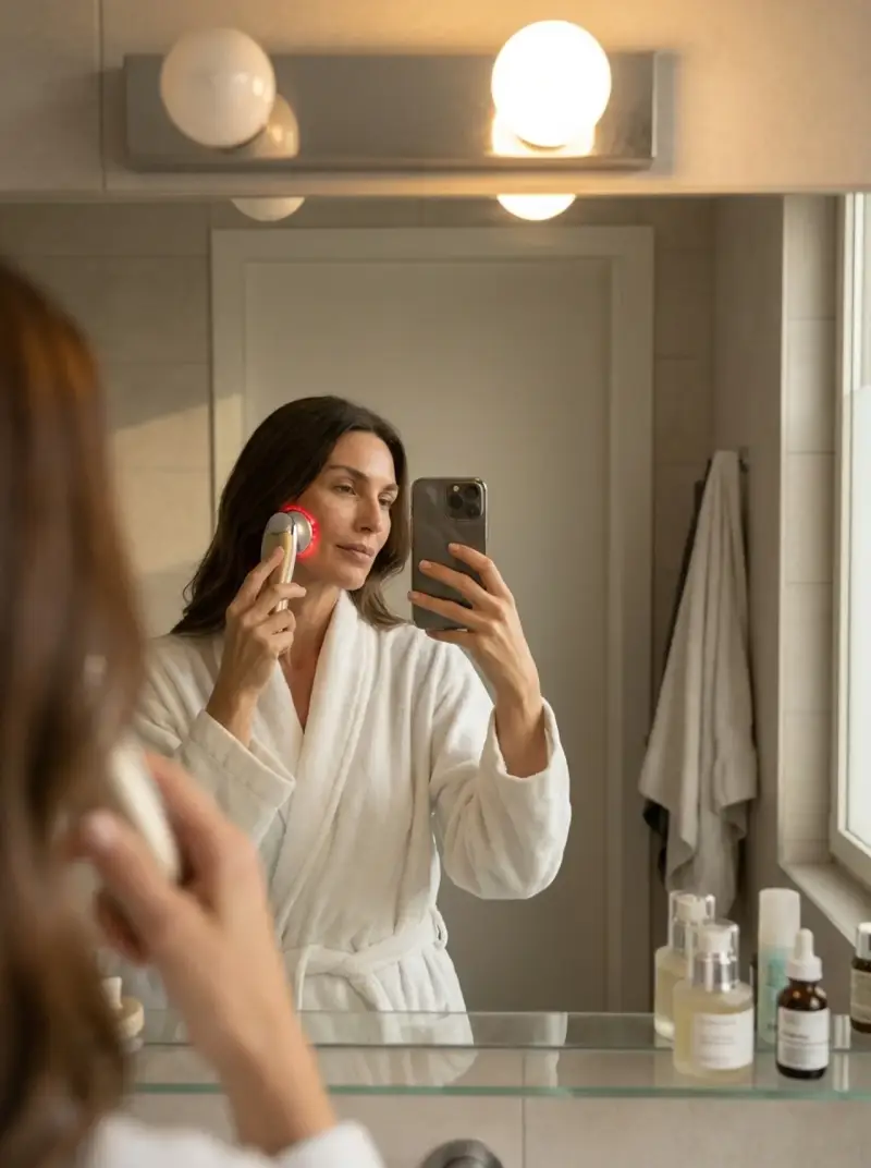 Woman using Zential Pure red light device in bathroom mirror selfie