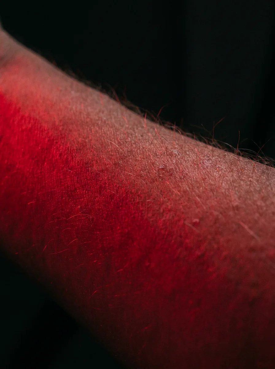 Forearm skin bathed in deep red LED light