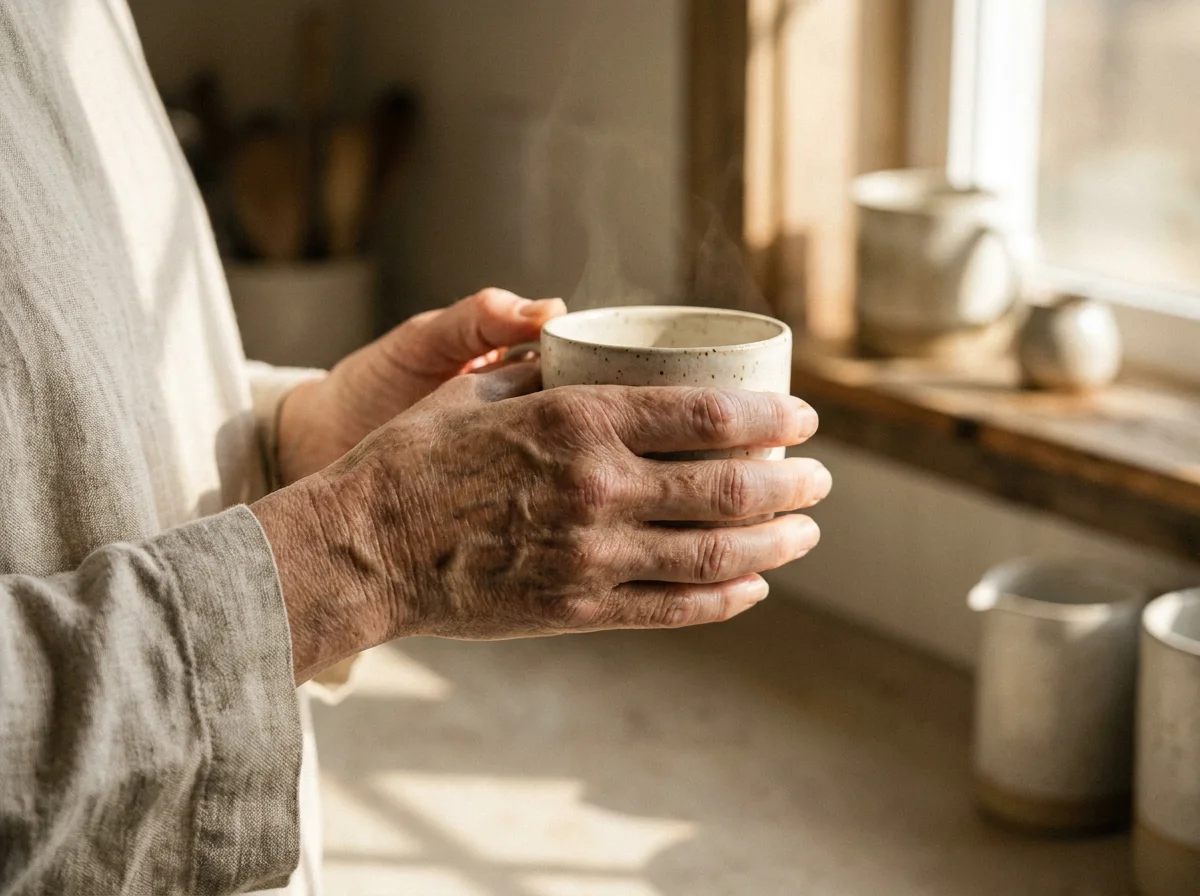 Aged hands cradling a warm ceramic mug in morning light