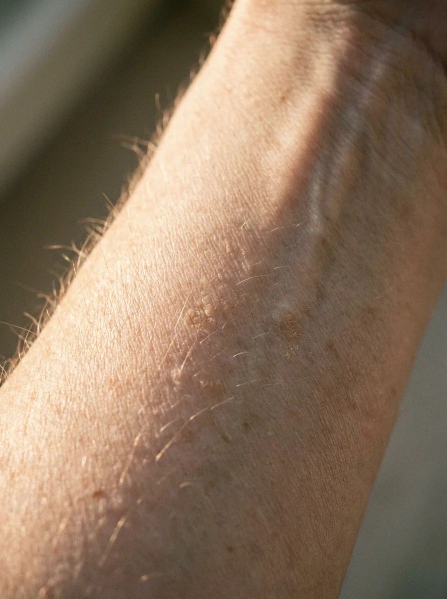 Forearm skin with honest sun-weathered texture in raking light