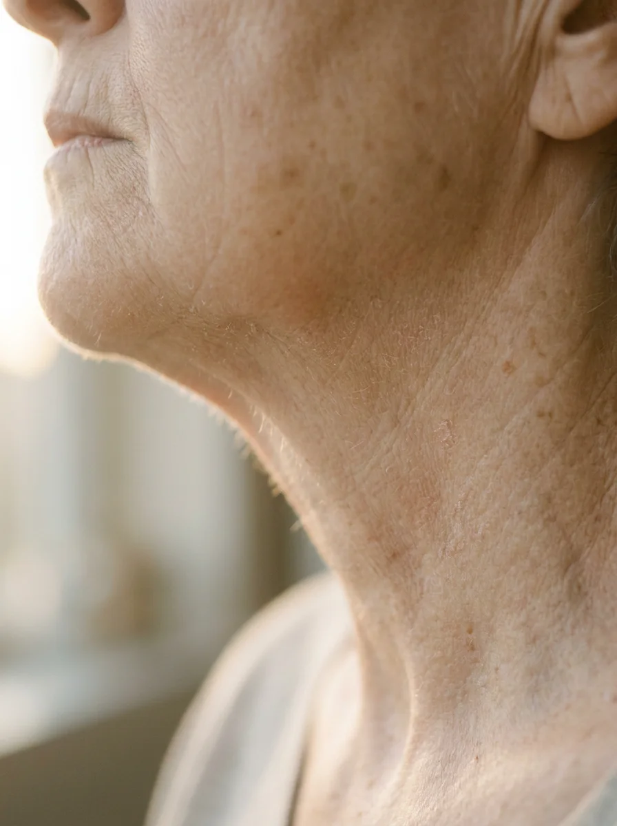 Aged jawline and neck skin in warm morning light