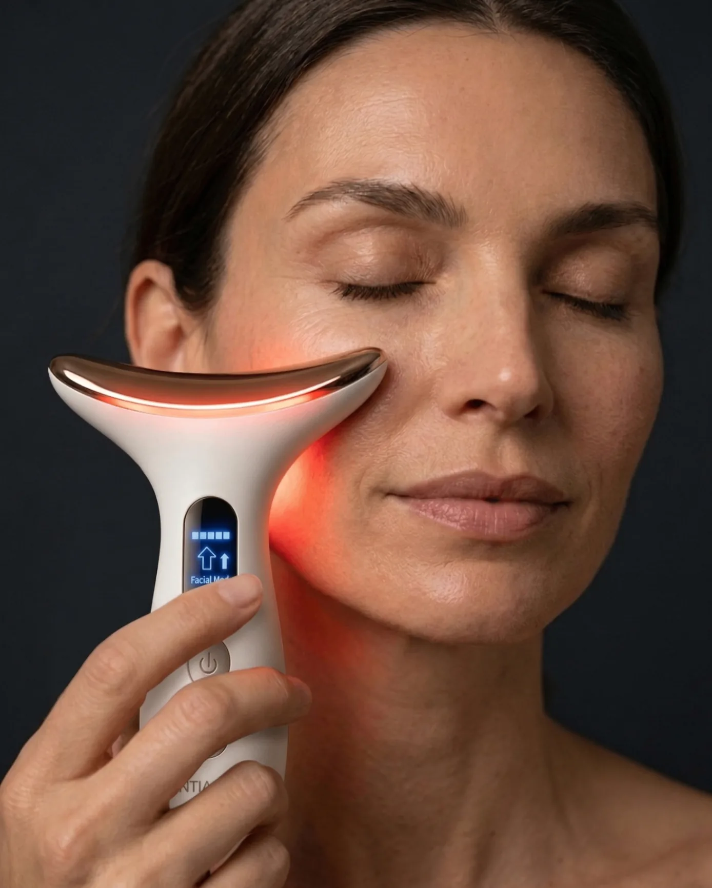 A woman holding the Face Introducer against her cheek, its head resting on the skin